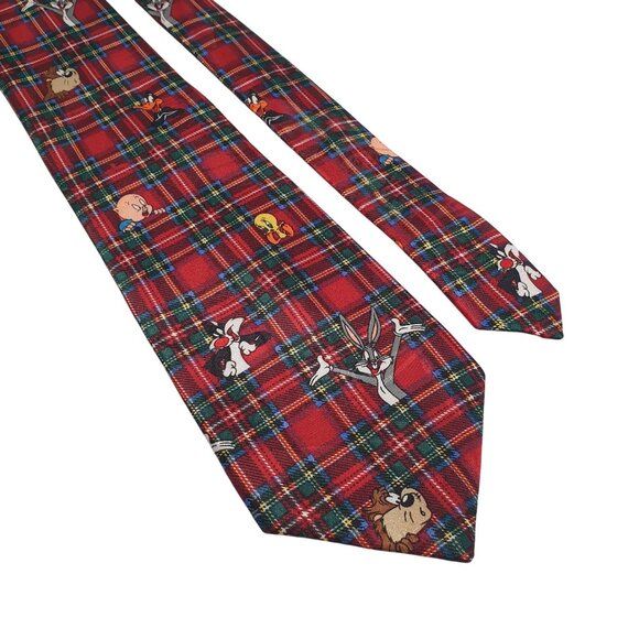 Looney Tunes Men Vintage 1993 Tartan Plaid Necktie Taz Bugs Daffy Porky Tweety - Picture 2 of 5
